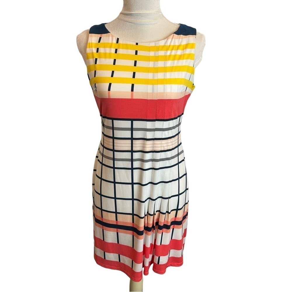 Donna Morgan Classic Graphic Pattern‎ Multicolored Front Pleats Sleeveless Dress